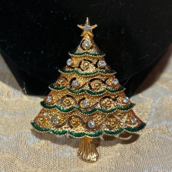 HOLIDAY🎄🎄EISENBERG ICE Sparkly Gold Rhinestone Christmas Tree BROOCH - Picture 1 of 10